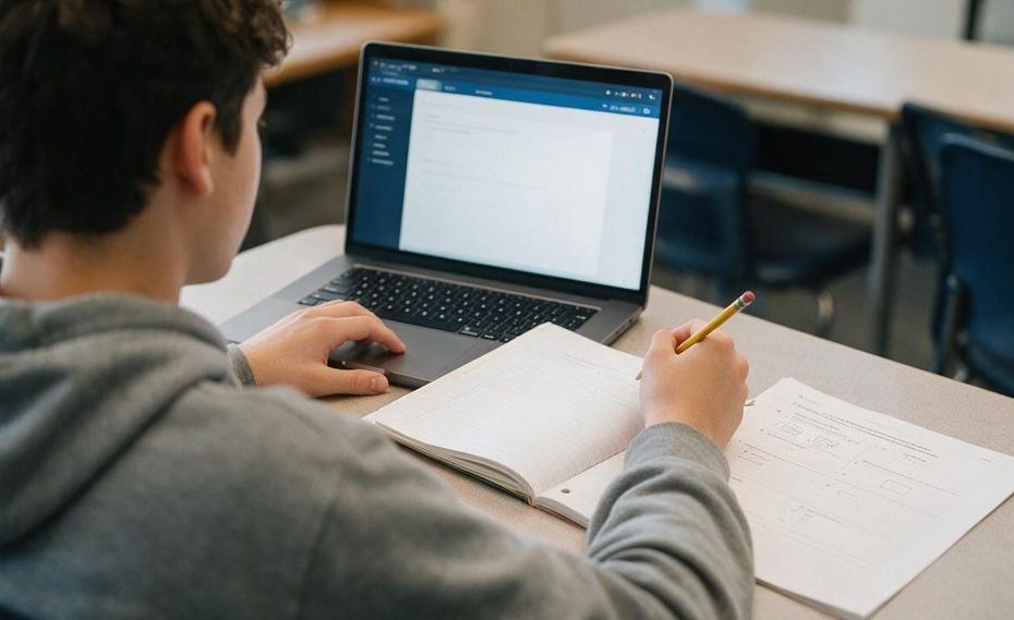 Student solving technical practice problems beside concise notes and a laptop